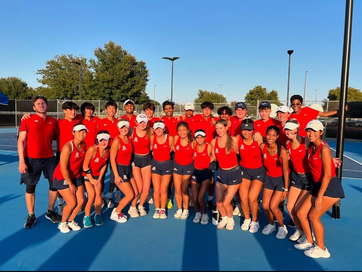 Allen Varsity Tennis Team taking a picture after winning regionals and qualifying to state during their 2024 fall season. Provided by Justin Quest
